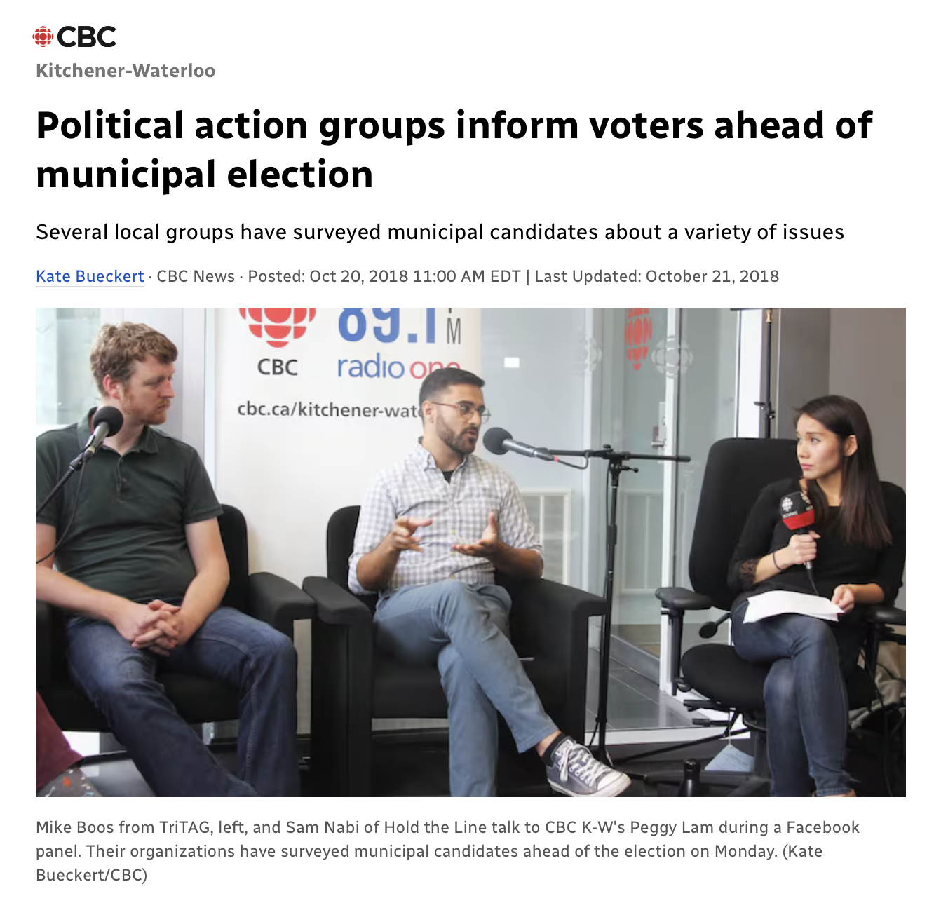 CivicTech WR in the news - CBC - Oct 20, 2018