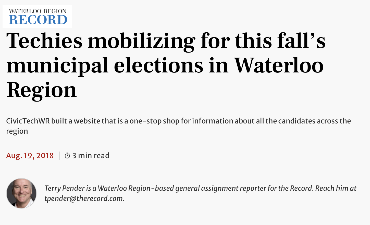 CivicTech WR in the news - The Record - Aug 19, 2018
